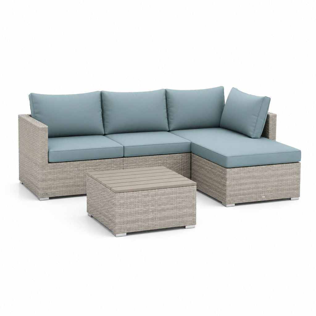 Set divano da giardino angolare con tavolino grigio e azzurro in rattan PE e poliestere 193 x 140 x 63 cm