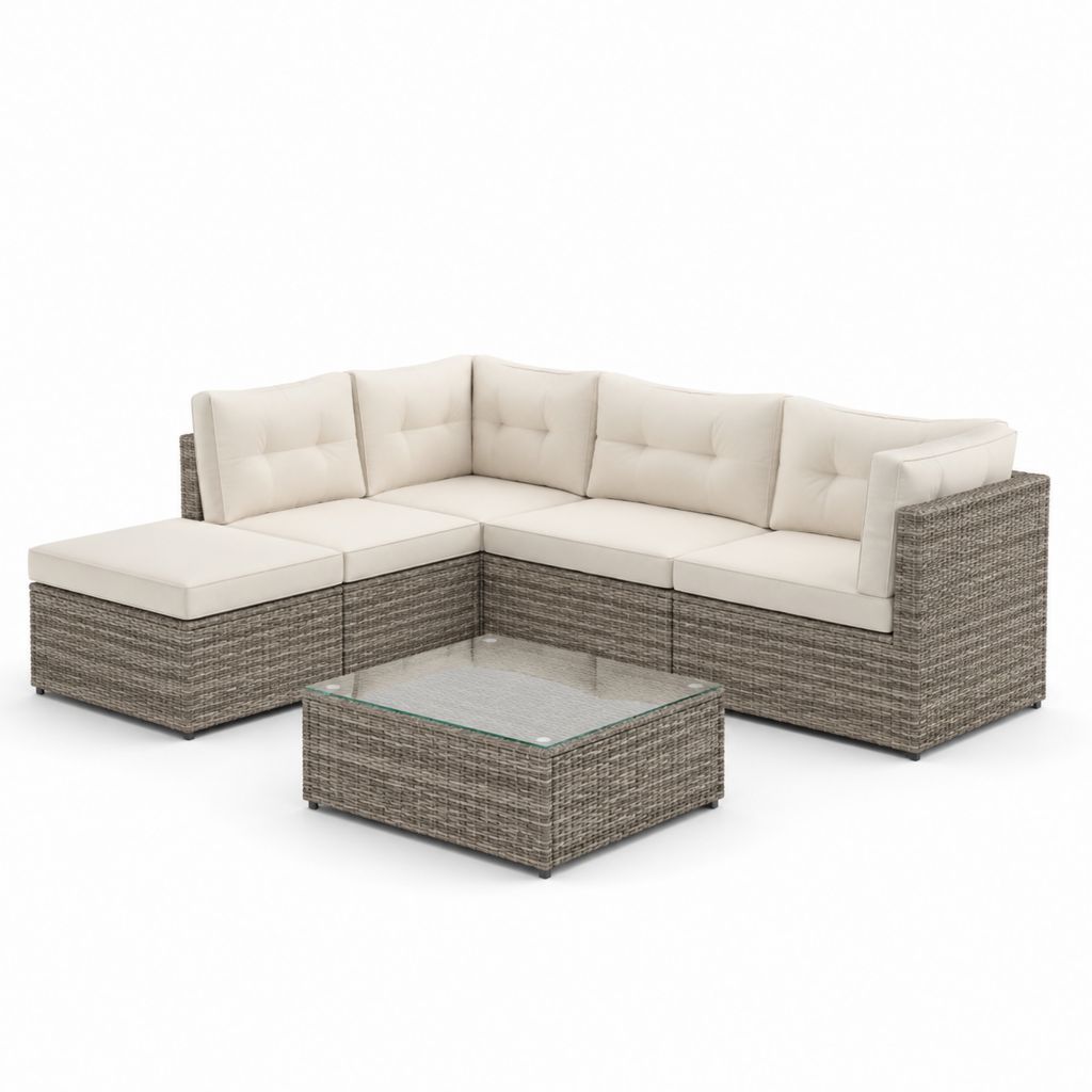 Set divano angolare da giardino 5 posti grigio e beige in rattan PE con tavolino 240 x 180 x 65 cm