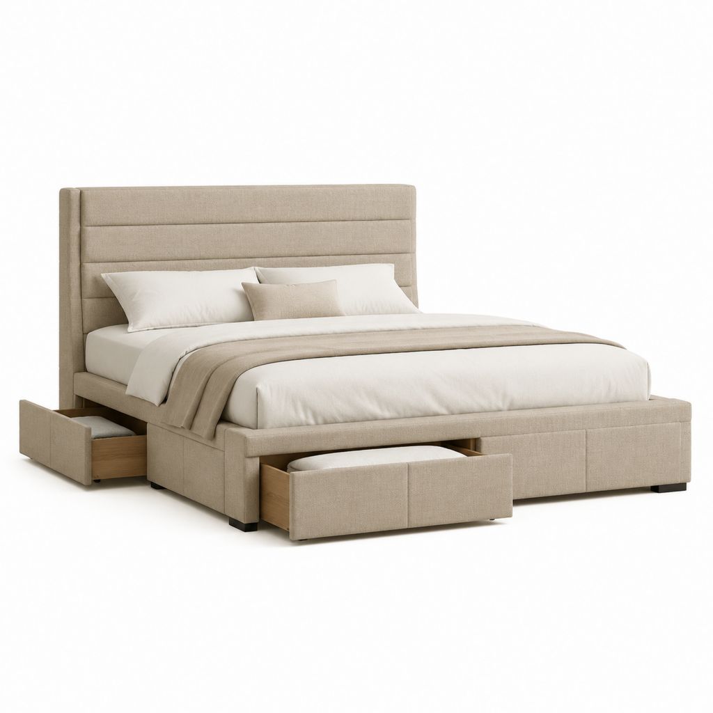 Letto contenitore matrimoniale beige in poliestere rettangolare 160 x 200 cm