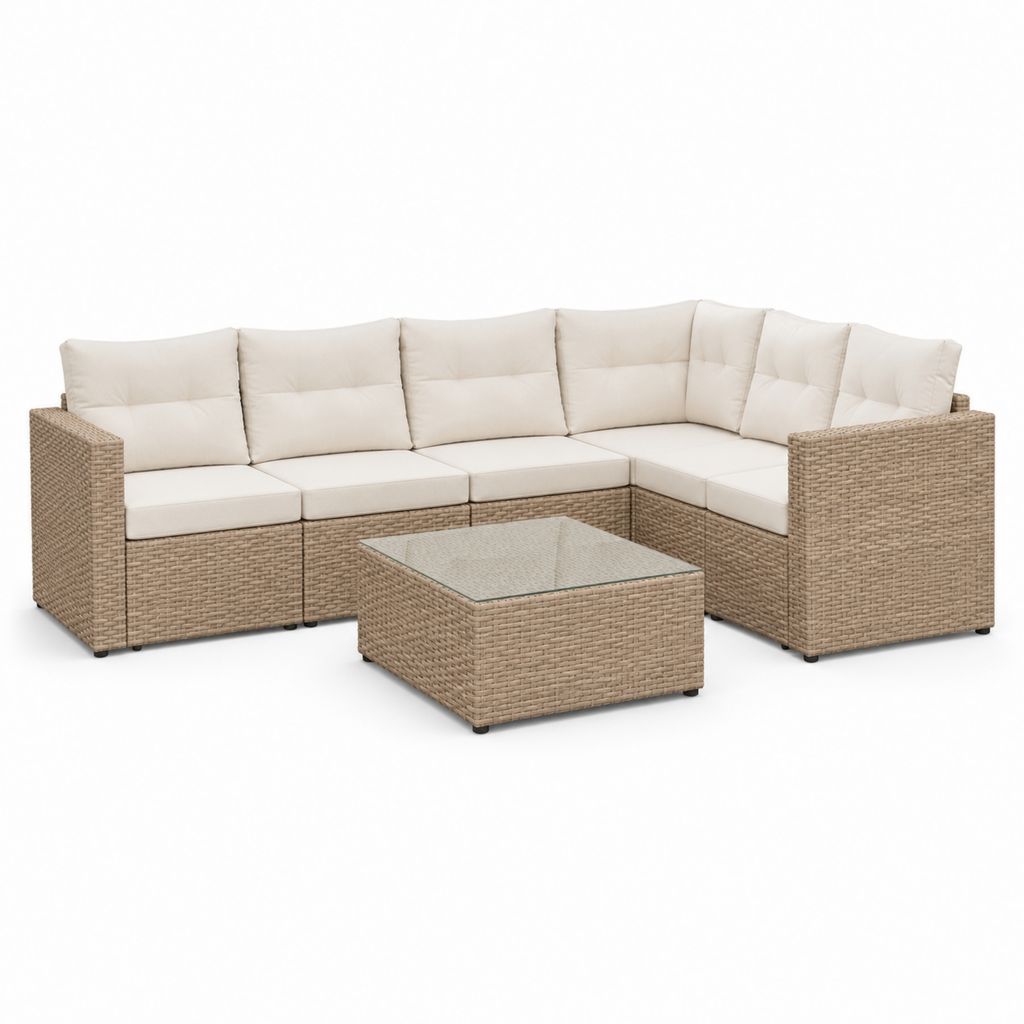 Set divano da giardino angolare 5 posti beige in rattan PE acciaio e vetro temperato con tavolino 240 x 180 x 63 cm