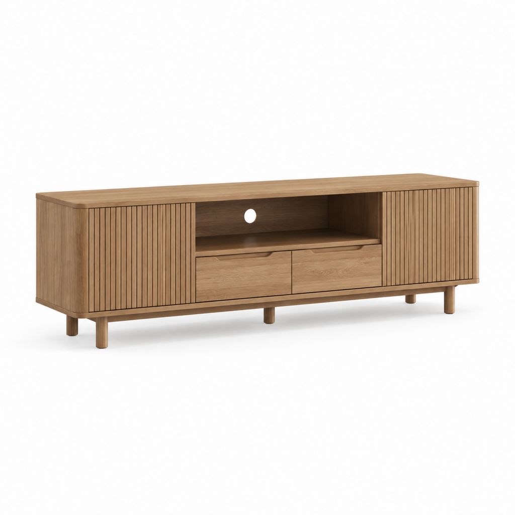 Mobile TV rettangolare rovere naturale in MDF 180 x 40 x 55 cm con ante scanalate e passacavi