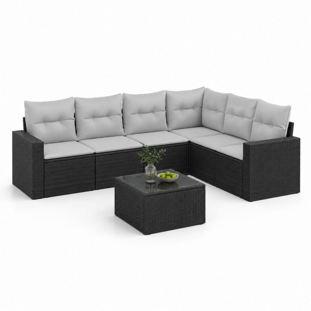 Set divano da giardino angolare 6 pezzi nero in rattan PE con cuscini grigi e tavolino 210 x 210 cm