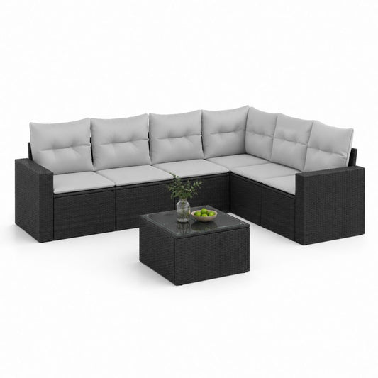 Set divano da giardino angolare 6 pezzi nero in rattan PE con cuscini grigi e tavolino 210 x 210 cm