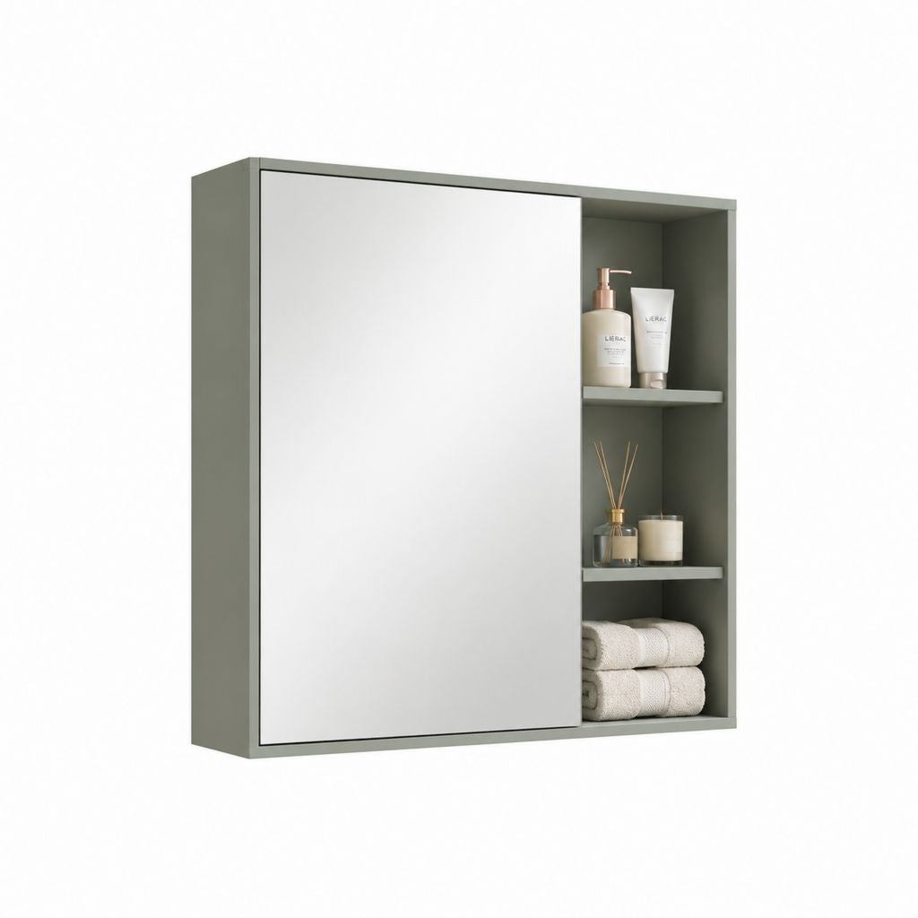 Armadietto bagno con specchio e ripiani a giorno verde salvia in MDF 60 x 70 x 15 cm