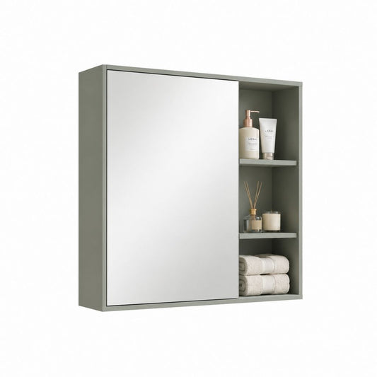 Armadietto bagno con specchio e ripiani a giorno verde salvia in MDF 60 x 70 x 15 cm