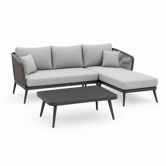 Set divano da giardino angolare con tavolino grigio in alluminio e poliestere 218 x 148 x 78 cm