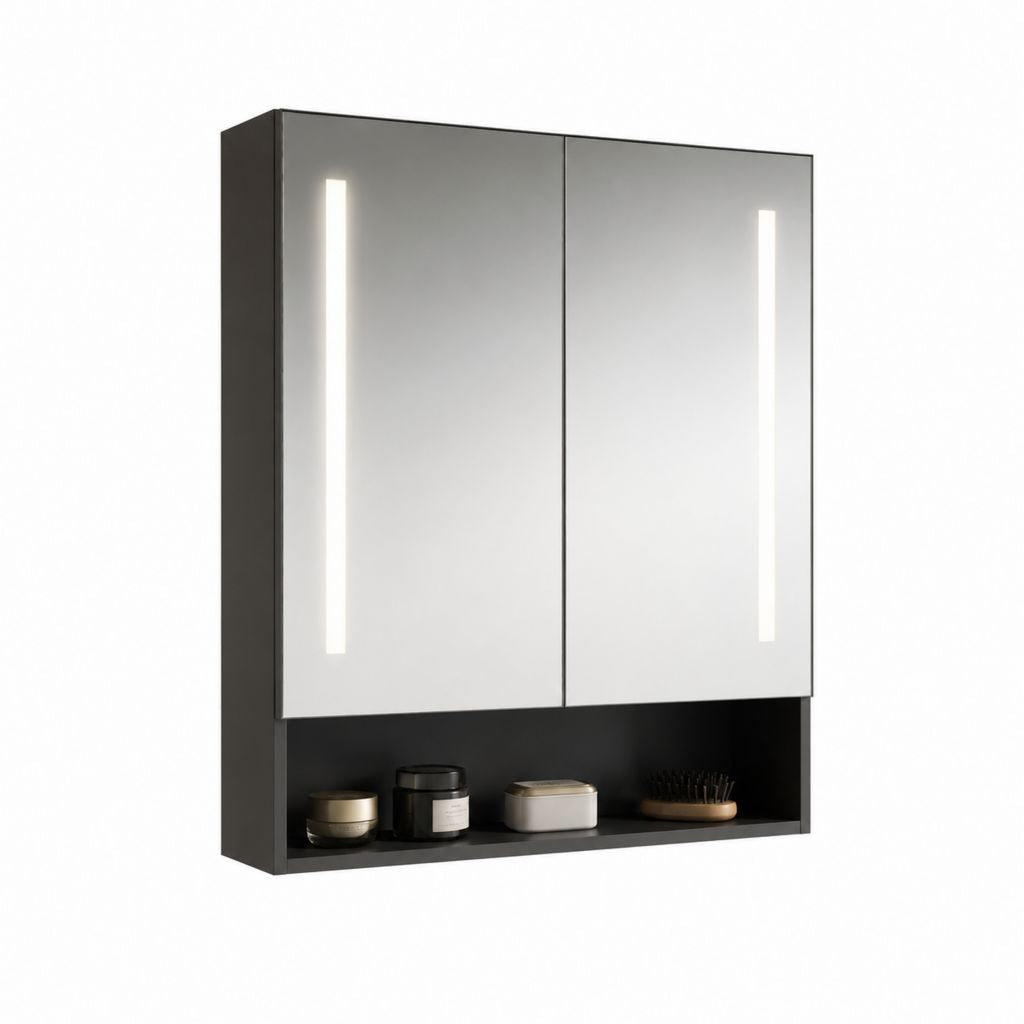 Armadietto bagno con specchio LED a 2 ante in MDF nero rettangolare 60 x 70 x 15 cm