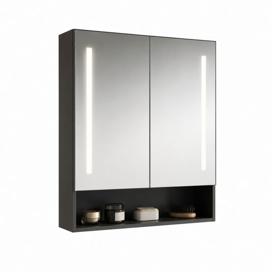 Armadietto bagno con specchio LED a 2 ante in MDF nero rettangolare 60 x 70 x 15 cm