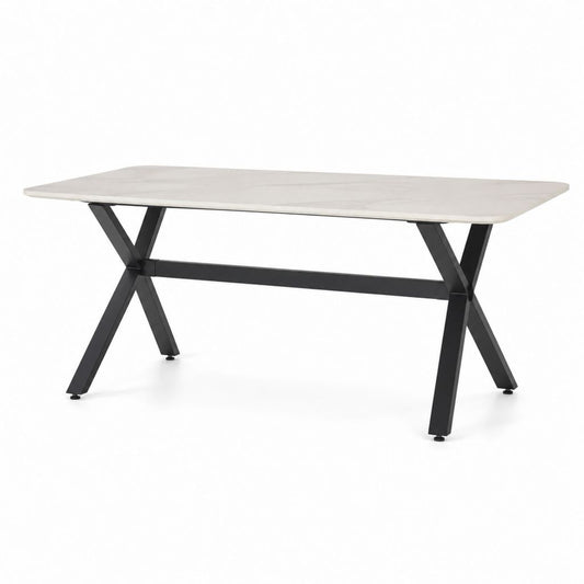 Tavolo da pranzo rettangolare bianco effetto marmo in gres porcellanato e acciaio nero 160 x 90 x 75 cm