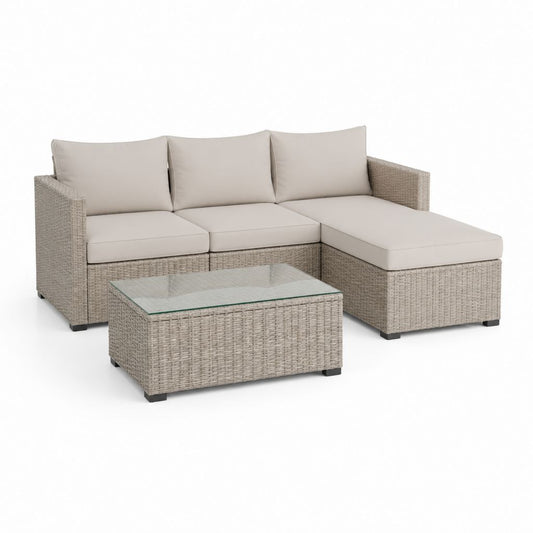 Set divano da giardino angolare 3 posti con tavolino beige in rattan PE e acciaio 193 x 140 x 70 cm