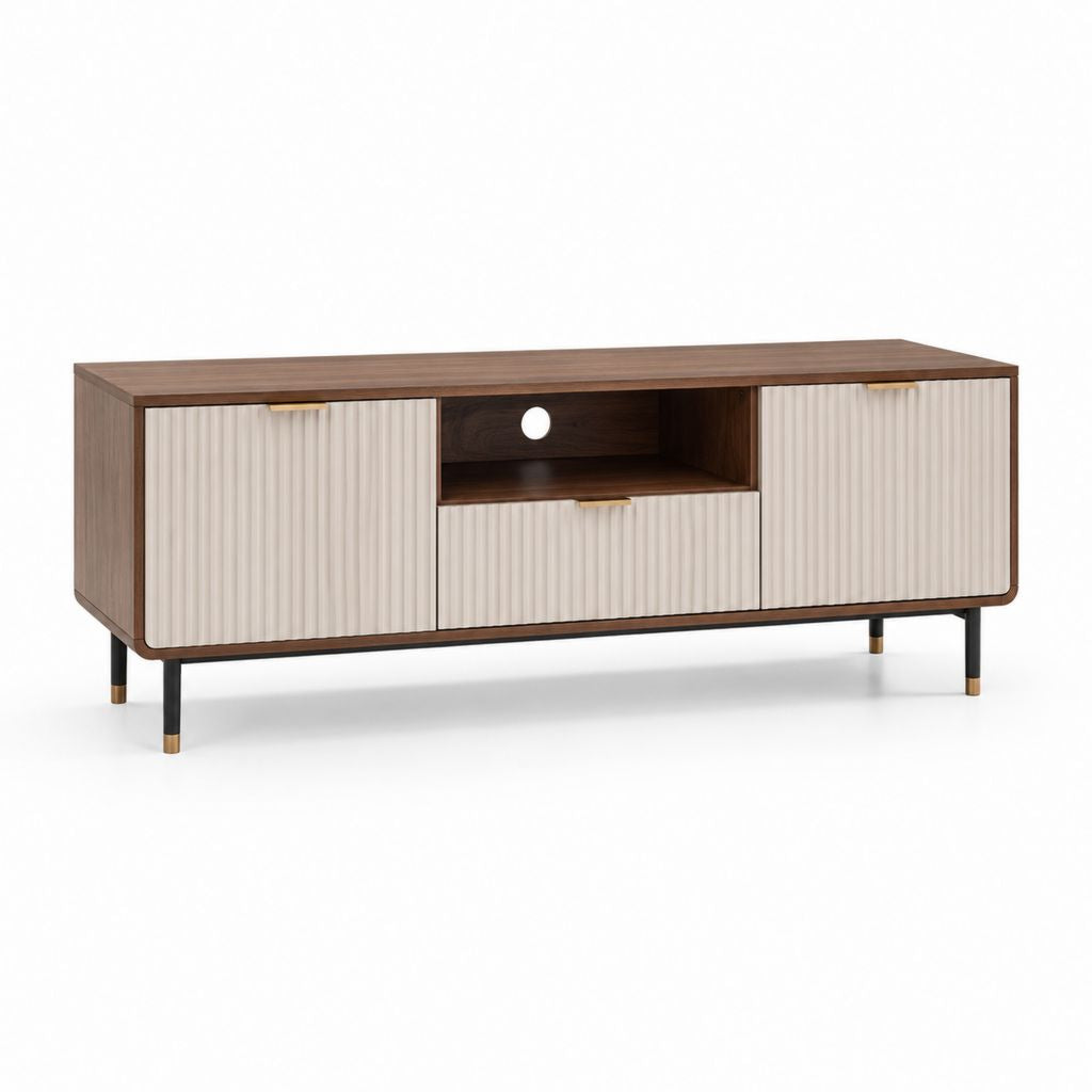 Mobile TV basso noce e beige in MDF con ante scanalate 160 x 40 x 60 cm