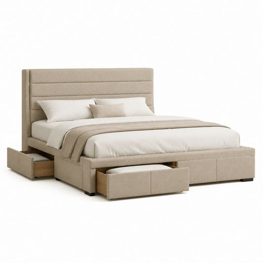 Letto contenitore matrimoniale beige in poliestere rettangolare 160 x 200 cm