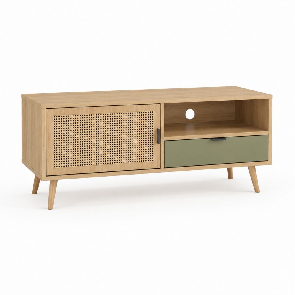 Mobile TV in rovere e rattan naturale con anta e cassetto verde 120 x 40 x 60 cm