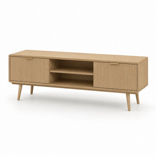 Mobile TV rettangolare rovere naturale in MDF impiallacciato con 2 ante e ripiani 160 x 40 x 55 cm
