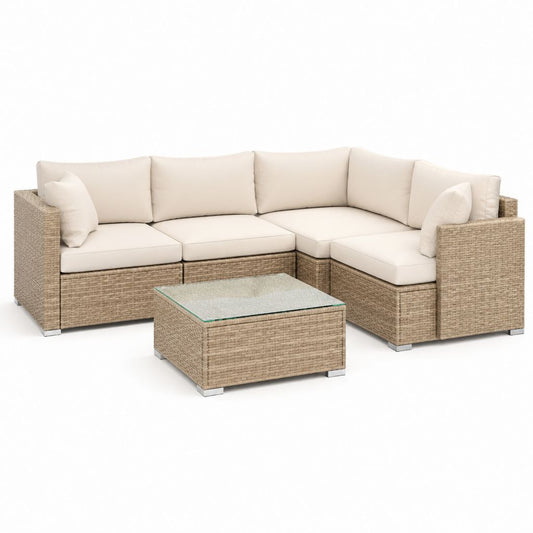 Set divano angolare da giardino 4 posti beige in polyrattan con tavolino 230 x 230 cm