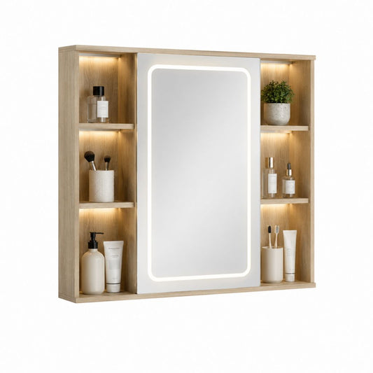 Armadietto bagno con specchio LED rettangolare rovere chiaro in MDF 80 x 70 x 12 cm