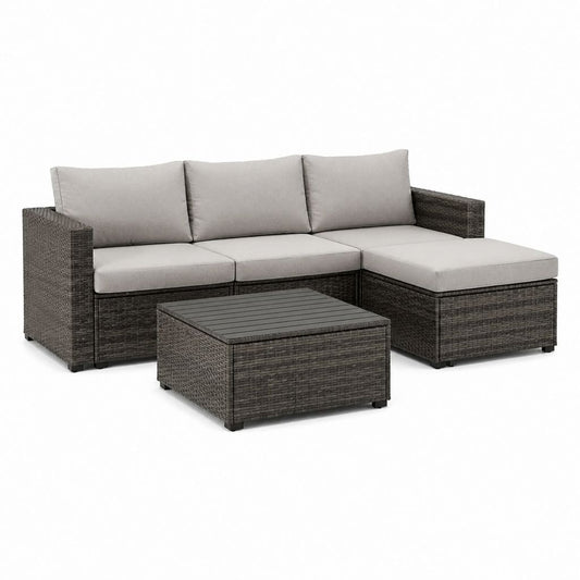 Set divano da giardino angolare con tavolino grigio in rattan PE 198 x 140 x 70 cm