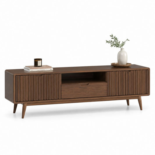 Mobile TV rettangolare in MDF impiallacciato noce con ante scanalate 180 x 40 x 60 cm