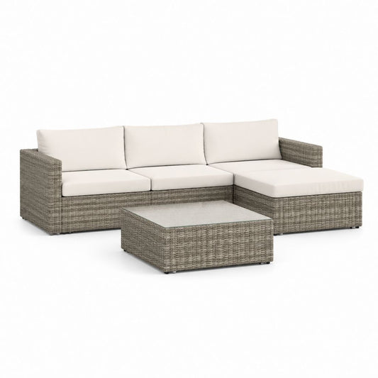 Set divano da giardino angolare grigio in rattan PE con cuscini beige e tavolino 210 x 150 x 65 cm