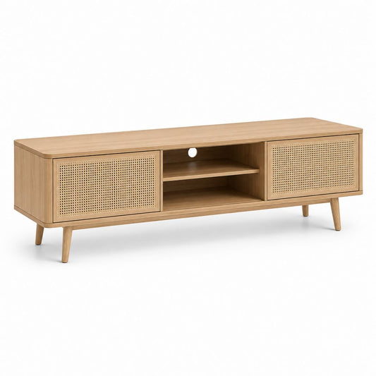 Mobile TV rettangolare rovere chiaro in MDF impiallacciato e rattan 160 x 40 x 55 cm