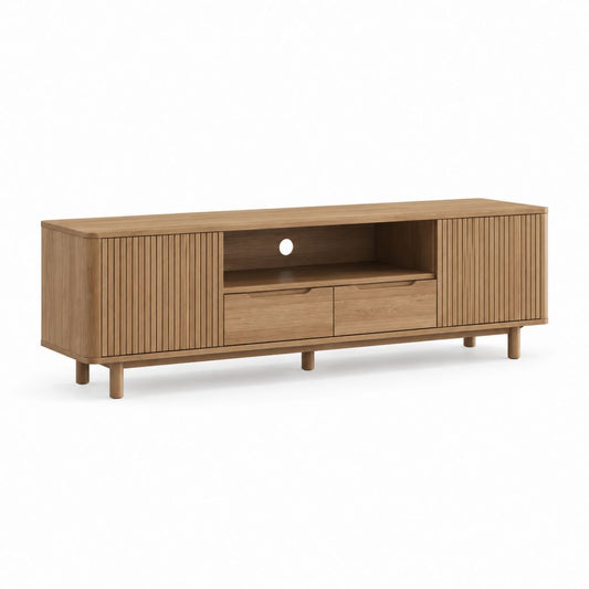 Mobile TV rettangolare rovere naturale in MDF 180 x 40 x 55 cm con ante scanalate e passacavi
